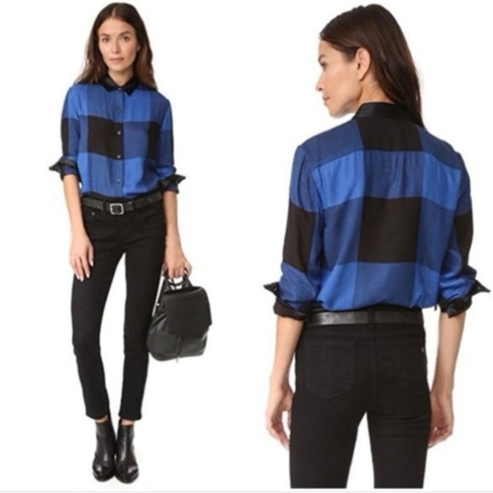 rag & bone Blue and Black Plaid Button Up with Silk Cuffs/Collar